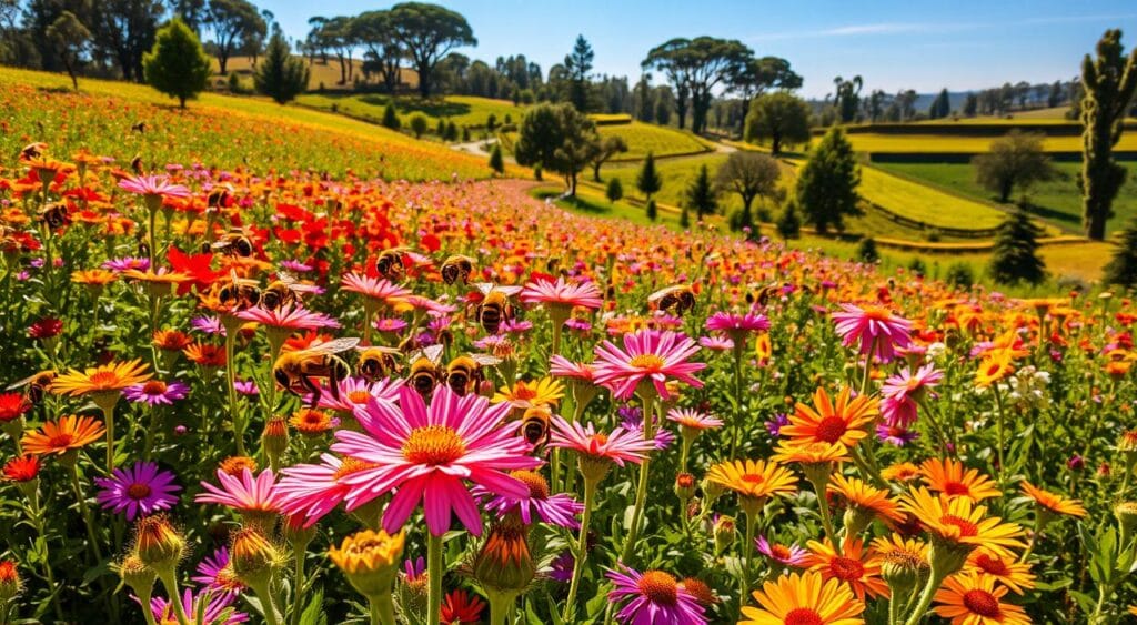 A vibrant, lush garden in full bloom, bathed in warm, golden sunlight. In the foreground, a bustling colony of stingless bees hover and alight on a profusion of colorful flowers, their fuzzy bodies covered in pollen. The middle ground features a diverse array of native flowering plants, their petals swaying gently in a light breeze. In the background, a verdant, layered landscape with towering trees and a clear, azure sky. The scene exudes a sense of harmony and symbiosis, showcasing the vital role of these pollinators in the flourishing of this verdant, thriving ecosystem. A vibrant, lush garden in full bloom, bathed in warm, golden sunlight. In the foreground, a bustling colony of stingless bees hover and alight on a profusion of colorful flowers, their fuzzy bodies covered in pollen. The middle ground features a diverse array of native flowering plants, their petals swaying gently in a light breeze. In the background, a verdant, layered landscape with towering trees and a clear, azure sky. The scene exudes a sense of harmony and symbiosis, showcasing the vital role of these pollinators in the flourishing of this verdant, thriving ecosystem.