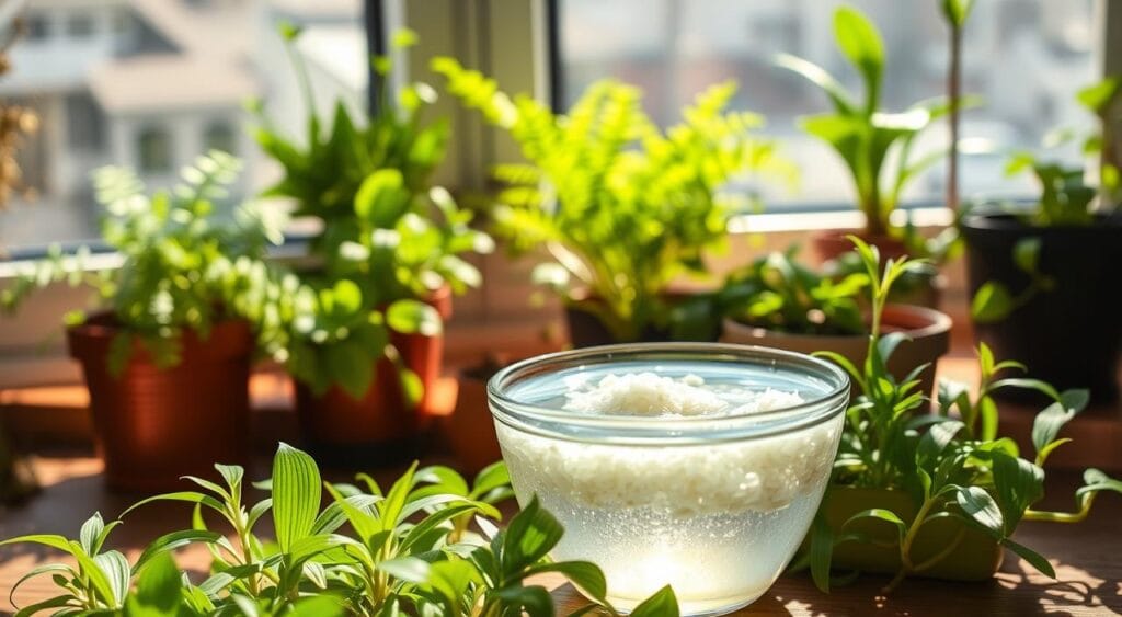 A vibrant scene showcasing the benefits of rice water for plants. In the foreground, a small glass bowl filled with rice water, gently reflecting sunlight, surrounded by healthy green seedlings sprouting with visible growth. In the middle ground, a variety of flourishing houseplants, such as ferns and spider plants, appear lush, with noticeable vibrant leaves. In the background, a sunny windowsill adorned with pots of varying sizes contributes to a warm and inviting atmosphere, enhanced by soft, natural lighting streaming through the window. The image captures a close-up perspective, focusing on the interplay of light and shadow, emphasizing the vitality and health of the plants, suggesting the positive effects of rice water in a natural environment.