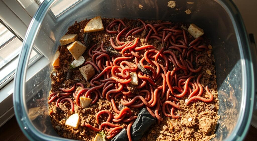 A well-lit, detailed domestic worm composting bin, showcasing a thriving community of red wiggler worms (Eisenia fetida) breaking down organic matter into nutrient-rich vermicompost. The bin's transparent sides reveal the worms' tunneling activities and the layers of bedding material, food scraps, and castings. Sunlight streams in from a nearby window, casting a warm glow on the scene. The overall composition emphasizes the self-sustaining, eco-friendly nature of this small-scale vermiculture setup, ideal for urban and suburban homes. A well-lit, detailed domestic worm composting bin, showcasing a thriving community of red wiggler worms (Eisenia fetida) breaking down organic matter into nutrient-rich vermicompost. The bin's transparent sides reveal the worms' tunneling activities and the layers of bedding material, food scraps, and castings. Sunlight streams in from a nearby window, casting a warm glow on the scene. The overall composition emphasizes the self-sustaining, eco-friendly nature of this small-scale vermiculture setup, ideal for urban and suburban homes.