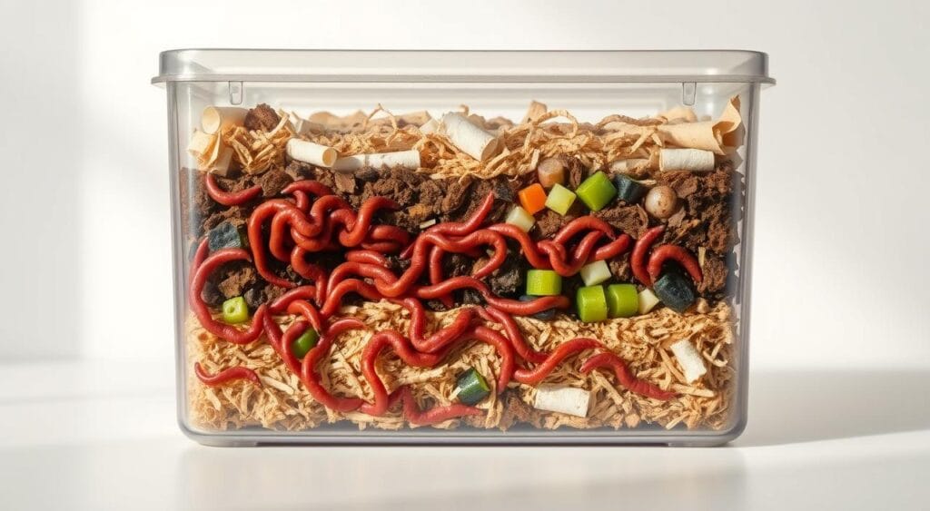 A well-lit, detailed illustration of a domestic worm composter, or "minhocário doméstico", showing its internal structure and components. The composter is constructed from a transparent container, revealing the layers of bedding material, decomposing organic matter, and a thriving population of red wiggler worms (Eisenia fetida) actively breaking down the waste. The foreground showcases the worms in vivid detail, their bodies undulating as they consume the decaying matter. The middle ground depicts the layered bedding of shredded paper, coconut coir, and vegetable scraps. The background fades to a clean, minimalist setting, allowing the focus to remain on the intricate workings of the domestic worm farm. The lighting is soft and natural, enhancing the earthy tones and textures of the materials. The overall composition conveys a sense of sustainable, small-scale composting that could be easily replicated in a home or apartment setting. A well-lit, detailed illustration of a domestic worm composter, or "minhocário doméstico", showing its internal structure and components. The composter is constructed from a transparent container, revealing the layers of bedding material, decomposing organic matter, and a thriving population of red wiggler worms (Eisenia fetida) actively breaking down the waste. The foreground showcases the worms in vivid detail, their bodies undulating as they consume the decaying matter. The middle ground depicts the layered bedding of shredded paper, coconut coir, and vegetable scraps. The background fades to a clean, minimalist setting, allowing the focus to remain on the intricate workings of the domestic worm farm. The lighting is soft and natural, enhancing the earthy tones and textures of the materials. The overall composition conveys a sense of sustainable, small-scale composting that could be easily replicated in a home or apartment setting.