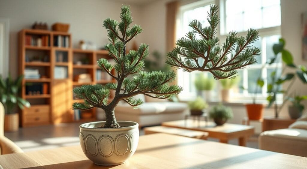 An ornamental pine tree perfectly arranged in a cozy home environment, showcasing its lush, dark green needles and unique branch shapes. In the foreground, a stylish ceramic pot adorned with subtle patterns holds the tree, resting atop a light wooden table. In the middle, a cozy living room is visible, featuring soft natural lighting streaming in through large windows, casting gentle shadows. The background reveals a tastefully decorated space with warm tones, bookshelves, and a few indoor plants that complement the pine tree. The atmosphere is peaceful and inviting, suggesting a nurturing environment for the pine tree to thrive. The scene is captured from a slightly elevated angle, emphasizing the beauty of the plant and its surroundings.