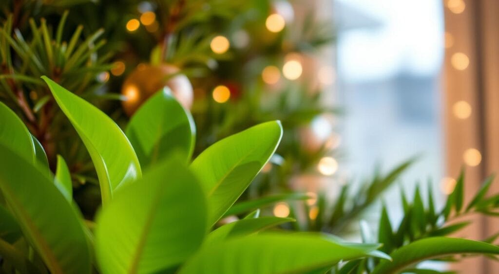 Detailed close-up of vibrant green tropical houseplant with lush, glossy leaves in the foreground, set against a warm, diffused lighting creating a soft, natural atmosphere. The plant's foliage fills the frame, conveying a sense of tranquility and environmental sustainability as an eco-friendly alternative to a traditional Christmas tree. Slight depth of field blurs the background, allowing the plant's organic beauty to take center stage. Detailed close-up of vibrant green tropical houseplant with lush, glossy leaves in the foreground, set against a warm, diffused lighting creating a soft, natural atmosphere. The plant's foliage fills the frame, conveying a sense of tranquility and environmental sustainability as an eco-friendly alternative to a traditional Christmas tree. Slight depth of field blurs the background, allowing the plant's organic beauty to take center stage.