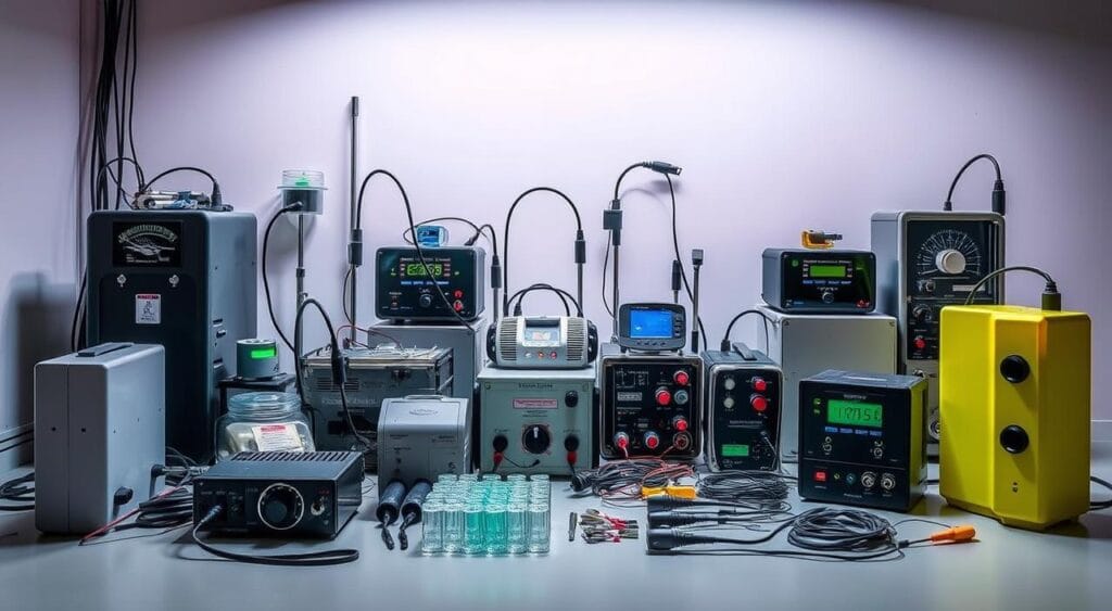 High-quality, detailed image of various equipment and tools used for electroculture, including different types of electrodes, power sources, and other specialized devices. The image should have a clean, modern aesthetic, showcasing the equipment in a well-lit, neutral environment with a subtle, technical atmosphere. The equipment should be arranged in an organized, visually appealing manner, highlighting their functionality and purpose for implementing electroculture in a cultivation setting. The overall composition should convey a sense of professionalism and efficiency, aligning with the subject and section title of the article.
