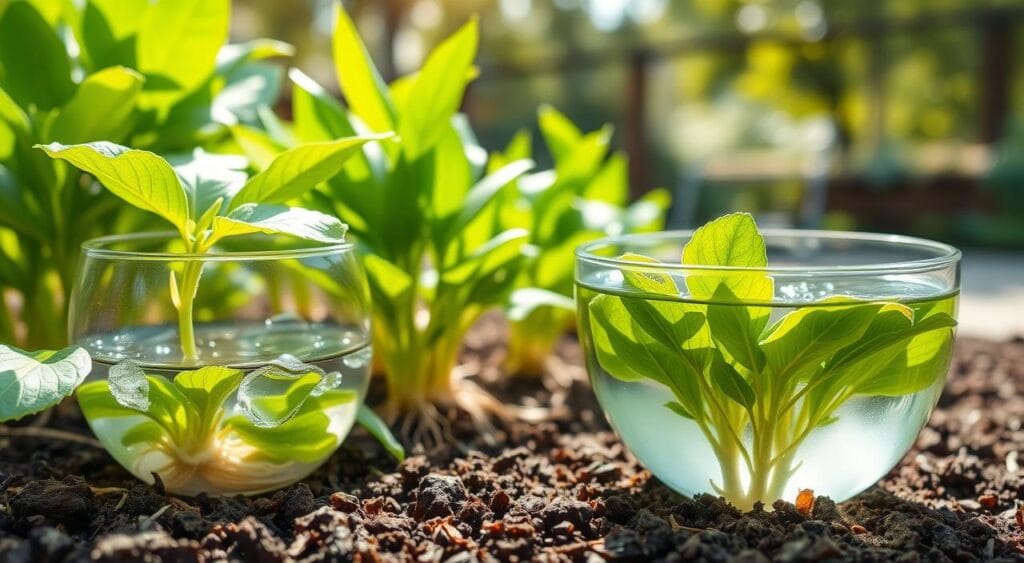 Lush, healthy green plants thriving in rich, fertile soil, with vibrant leaves reflecting sunlight. In the foreground, a glass bowl filled with rice water, droplets glistening as they catch the light, positioned beside the plants. The middle ground features the plants at varying stages of growth, showcasing robust roots and fresh, green foliage. In the background, a soft-focus blurred garden scene, hinting at sunlight filtering through trees, creating a warm, inviting atmosphere. Capture this scene with a soft light, mimicking early morning sunshine to enhance the vivid colors and freshness. The angle should be slightly elevated, providing a clear view of both the plants and the rice water in harmony. The overall mood should convey growth, vitality, and the nurturing aspect of using rice water for plant care.