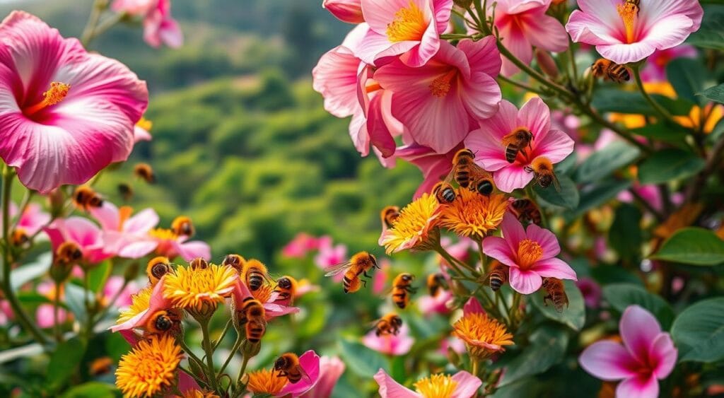 Stunningly vibrant stingless bees pollinating a lush, colorful garden. A bustling foreground with fuzzy yellow bees deftly maneuvering through delicate petals, their fuzzy bodies dusted in pollen. A middle ground showcasing the diverse flora - blooming hibiscus, jasmine, and vibrant tropical flowers. The background features a verdant, sun-dappled landscape, hinting at the thriving ecosystem these vital pollinators sustain. Warm, diffused lighting casts a gentle glow, capturing the harmony between insects and plants. A serene, immersive scene that highlights the remarkable contribution of stingless bees to a flourishing, biodiverse garden. Stunningly vibrant stingless bees pollinating a lush, colorful garden. A bustling foreground with fuzzy yellow bees deftly maneuvering through delicate petals, their fuzzy bodies dusted in pollen. A middle ground showcasing the diverse flora - blooming hibiscus, jasmine, and vibrant tropical flowers. The background features a verdant, sun-dappled landscape, hinting at the thriving ecosystem these vital pollinators sustain. Warm, diffused lighting casts a gentle glow, capturing the harmony between insects and plants. A serene, immersive scene that highlights the remarkable contribution of stingless bees to a flourishing, biodiverse garden.