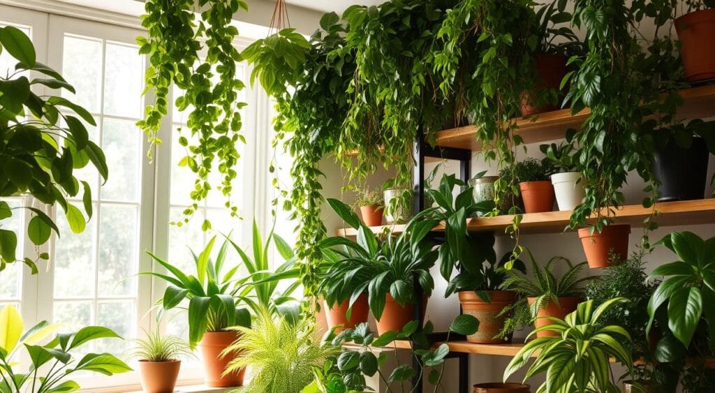 Verdant, lush foliage in a bright, airy setting. Potted plants of various sizes and textures strategically placed to create a refreshing, natural ambiance. Leafy, trailing vines cascade from shelves, contributing to a soothing, serene atmosphere. Dappled sunlight filters through large windows, casting a warm, inviting glow. The overall scene emanates a sense of tranquility and coolness, perfectly capturing the essence of plants that can help refresh a home during the summer months. Verdant, lush foliage in a bright, airy setting. Potted plants of various sizes and textures strategically placed to create a refreshing, natural ambiance. Leafy, trailing vines cascade from shelves, contributing to a soothing, serene atmosphere. Dappled sunlight filters through large windows, casting a warm, inviting glow. The overall scene emanates a sense of tranquility and coolness, perfectly capturing the essence of plants that can help refresh a home during the summer months.