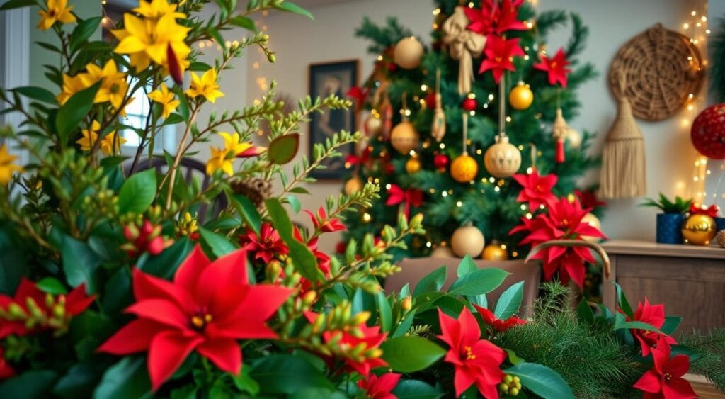 Uma decoração natalina lindamente arranjada com plantas nativas do Brasil, como flores vibrantes em tons de vermelho e amarelo, folhagens verdejantes e exuberantes e folhagens tropicais. Em primeiro plano, uma mesa festiva adornada com galhos de flamboyants e poinsétias. Ao centro, uma árvore de Natal decorada com enfeites tradicionais brasileiros e ornamentos trançados em fibras naturais. Ao fundo, um ambiente aconchegante com luzes de fada em suave iluminação. A luz é quente e convidativa, evocando um espírito natalino alegre. O ângulo da foto captura a cena de uma perspectiva ligeiramente elevada, enfatizando as ricas texturas e cores das plantas, criando uma atmosfera serena e festiva que celebra a diversidade botânica do Brasil. Uma decoração natalina lindamente arranjada com plantas nativas do Brasil, como flores vibrantes em tons de vermelho e amarelo, folhagens verdejantes e exuberantes e folhagens tropicais. Em primeiro plano, uma mesa festiva adornada com galhos de flamboyants e poinsétias. Ao centro, uma árvore de Natal decorada com enfeites tradicionais brasileiros e ornamentos trançados em fibras naturais. Ao fundo, um ambiente aconchegante com luzes de fada em suave iluminação. A luz é quente e convidativa, evocando um espírito natalino alegre. O ângulo da foto captura a cena de uma perspectiva ligeiramente elevada, enfatizando as ricas texturas e cores das plantas, criando uma atmosfera serena e festiva que celebra a diversidade botânica do Brasil.