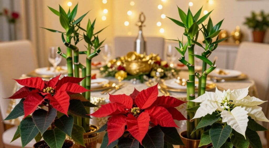 A beautifully arranged display of auspicious plants for the New Year's celebration, including vibrant Poinsettias, lucky Bamboo, and fragrant Jasmine, artfully positioned in the foreground. The middle ground features a festive table adorned with gold and silver decorations, hinting at a joyful gathering. In the background, a warmly lit room with subtle fairy lights creates an inviting atmosphere, suggesting a cozy celebration. The lighting is soft and warm, enhancing the colors and textures of the plants. A shallow depth of field captures the details of the plants while softly blurring the background, creating a dreamy effect. The overall mood is festive and hopeful, symbolizing prosperity and new beginnings as the countdown to the New Year approaches.