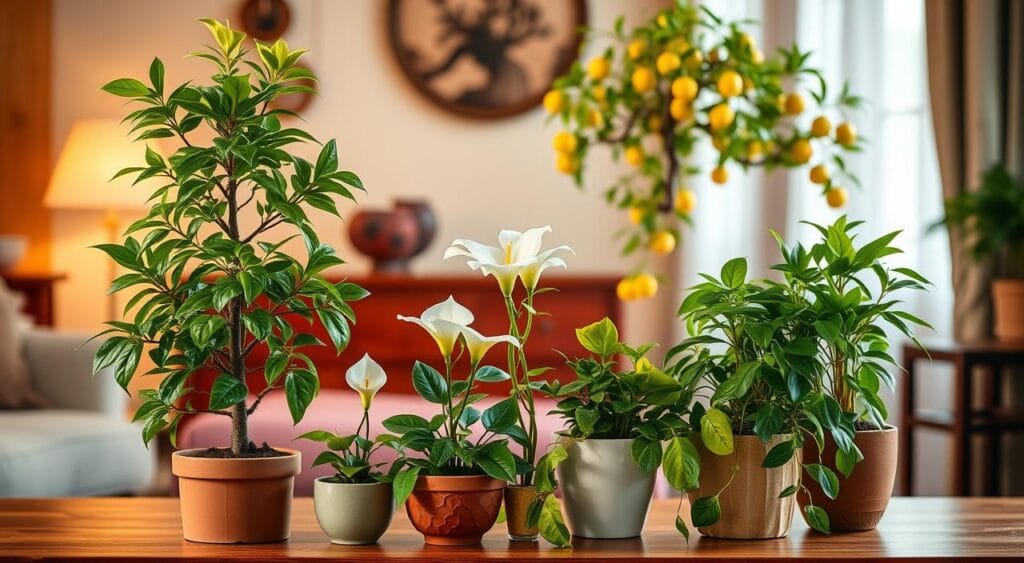 A beautifully arranged display of seven plants symbolizing luck and prosperity for the New Year. In the foreground, feature a vibrant money tree with lush green leaves, accompanied by a small jade plant and a lucky bamboo stalk. In the middle ground, include a striking pot of peace lilies and a golden pothos trailing down elegantly. In the background, add a subtle decorative urn with a thriving citrus tree, all set against a softly lit, cozy interior. Illuminate the scene with warm, natural lighting to evoke a sense of hope and positivity. The overall mood should be serene and uplifting, inviting viewers to connect with the idea of growth and abundance.