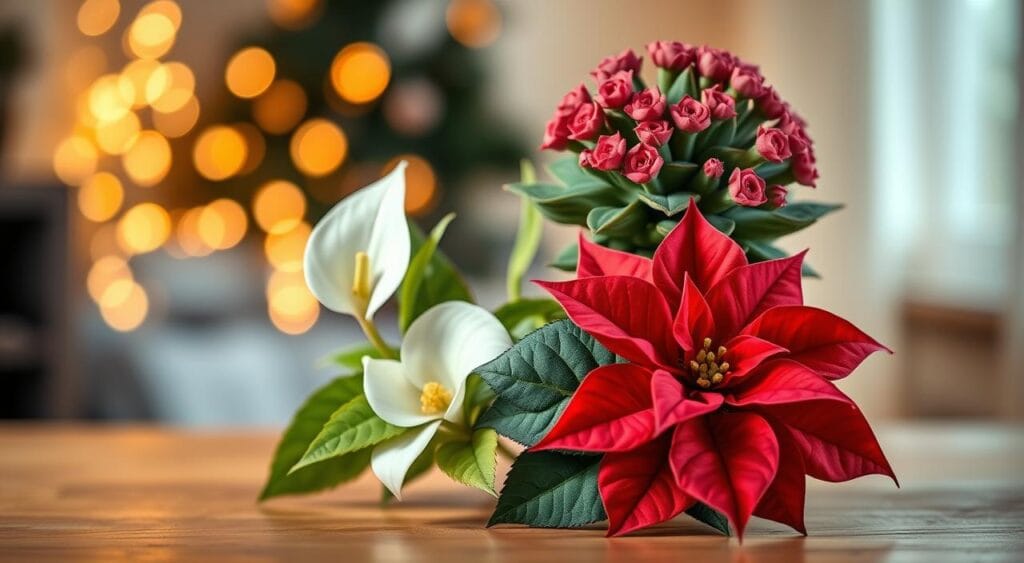 Uma bela composição com três plantas distintas, simbolizando amor, paz e esperança para o Natal. Em primeiro plano, uma vibrante poinsétia vermelha desabrocha, exalando calor e afeto. Ao lado, um delicado lírio-da-paz branco, com suas flores elegantes refletindo serenidade. Ao fundo, um exuberante cacto-de-natal verde, adornado com flores rosa vibrantes, personifica resiliência e otimismo. Uma iluminação suave e quente cria uma atmosfera aconchegante, realçando as texturas das folhas e pétalas. O cenário é uma mesa de madeira com um leve desfoque, com um delicado efeito bokeh ao fundo, adornado com luzes de Natal cintilantes. O clima geral é festivo e convidativo, capturando perfeitamente a essência do simbolismo natalino através dessas plantas.