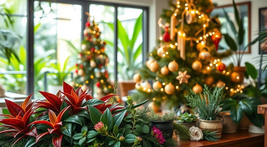 Uma cena lindamente composta por decorações natalinas sustentáveis com plantas nativas do Brasil. Em primeiro plano, uma elegante mesa posta com folhas vibrantes em tons de vermelho e verde, pequenas plantas floridas como bromélias e ervas aromáticas. Ao centro, uma árvore de Natal decorada com enfeites ecológicos, feitos à mão com materiais naturais, entrelaçados com luzes de Natal em tons quentes, que criam um brilho suave. Ao fundo, um ambiente interno aconchegante, com grandes janelas que revelam um exuberante jardim tropical, reforçando a conexão com a natureza. O clima geral é acolhedor e festivo, convidativo, com a luz natural do sol filtrando-se pelas janelas, criando uma atmosfera serena e harmoniosa. Fotografe esta cena com uma lente grande angular para uma perspectiva convidativa, que enfatiza a beleza da decoração natalina sustentável. Uma cena lindamente composta por decorações natalinas sustentáveis com plantas nativas do Brasil. Em primeiro plano, uma elegante mesa posta com folhas vibrantes em tons de vermelho e verde, pequenas plantas floridas como bromélias e ervas aromáticas. Ao centro, uma árvore de Natal decorada com enfeites ecológicos, feitos à mão com materiais naturais, entrelaçados com luzes de Natal em tons quentes, que criam um brilho suave. Ao fundo, um ambiente interno aconchegante, com grandes janelas que revelam um exuberante jardim tropical, reforçando a conexão com a natureza. O clima geral é acolhedor e festivo, convidativo, com a luz natural do sol filtrando-se pelas janelas, criando uma atmosfera serena e harmoniosa. Fotografe esta cena com uma lente grande angular para uma perspectiva convidativa, que enfatiza a beleza da decoração natalina sustentável.