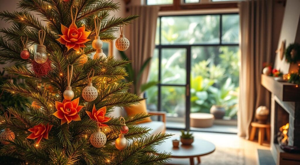 Uma árvore de Natal lindamente decorada com plantas nativas brasileiras, como bromélias vibrantes e samambaias exuberantes, ocupa um lugar de destaque no primeiro plano. Enfeites delicados feitos de materiais naturais, como barbante e tintas ecológicas, adornam os galhos, refletindo o compromisso com a decoração sustentável. Em segundo plano, uma sala aconchegante com iluminação suave e quente emite um brilho tranquilo, destacando os móveis de madeira e uma lareira rústica. Ao fundo, uma grande janela emoldurada por tecidos naturais drapeados revela um jardim sereno com flora nativa, reforçando a conexão com a natureza. A cena transmite um espírito natalino alegre e ecologicamente consciente, enfatizando os benefícios ambientais do uso de plantas locais nas decorações festivas. A atmosfera é acolhedora e convidativa, perfeita para uma celebração de Natal sustentável. Uma árvore de Natal lindamente decorada com plantas nativas brasileiras, como bromélias vibrantes e samambaias exuberantes, ocupa um lugar de destaque no primeiro plano. Enfeites delicados feitos de materiais naturais, como barbante e tintas ecológicas, adornam os galhos, refletindo o compromisso com a decoração sustentável. Em segundo plano, uma sala aconchegante com iluminação suave e quente emite um brilho tranquilo, destacando os móveis de madeira e uma lareira rústica. Ao fundo, uma grande janela emoldurada por tecidos naturais drapeados revela um jardim sereno com flora nativa, reforçando a conexão com a natureza. A cena transmite um espírito natalino alegre e ecologicamente consciente, enfatizando os benefícios ambientais do uso de plantas locais nas decorações festivas. A atmosfera é acolhedora e convidativa, perfeita para uma celebração de Natal sustentável.