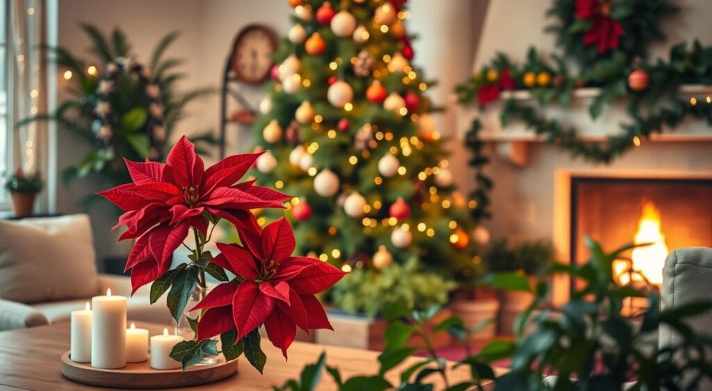 A beautifully decorated living room for Christmas featuring a variety of vibrant, lush plants. In the foreground, a classic red poinsettia sits elegantly on a wooden table, surrounded by small white candles and delicate ornaments. In the middle, a large, lush evergreen tree decorated with warm fairy lights, colorful baubles, and natural elements such as pine cones and dried oranges creates a cozy focal point. The background reveals a softly glowing fireplace, adorned with holly and garlands, casting a warm, inviting light throughout the room. The atmosphere is festive and serene, evoking the joy of a natural Christmas celebration. Shot in warm, soft lighting with a slightly blurred focus on the background to enhance the foreground plants. A beautifully decorated living room for Christmas featuring a variety of vibrant, lush plants. In the foreground, a classic red poinsettia sits elegantly on a wooden table, surrounded by small white candles and delicate ornaments. In the middle, a large, lush evergreen tree decorated with warm fairy lights, colorful baubles, and natural elements such as pine cones and dried oranges creates a cozy focal point. The background reveals a softly glowing fireplace, adorned with holly and garlands, casting a warm, inviting light throughout the room. The atmosphere is festive and serene, evoking the joy of a natural Christmas celebration. Shot in warm, soft lighting with a slightly blurred focus on the background to enhance the foreground plants.