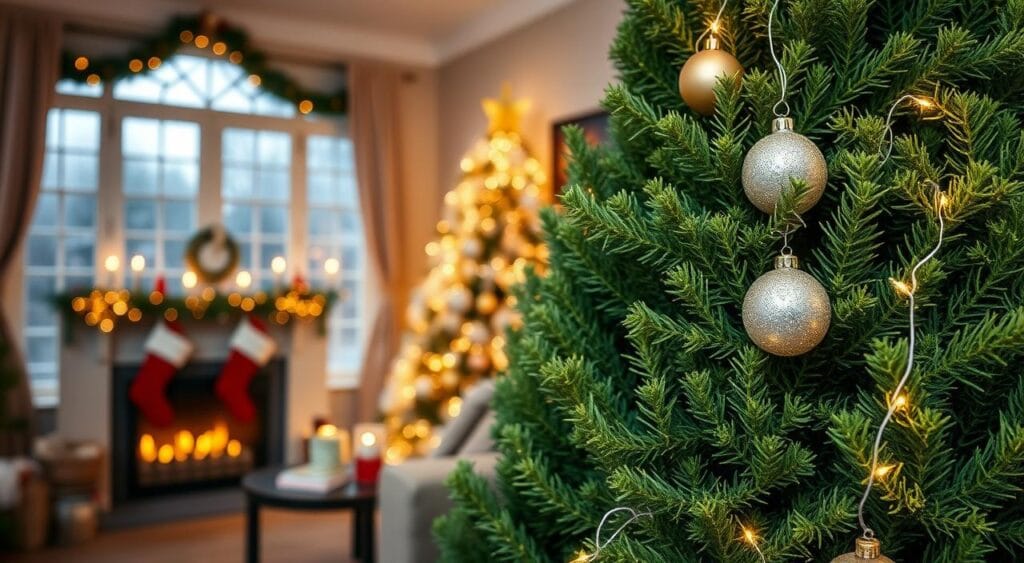 A beautifully styled Dutch Arborvitae (Tuia Holandesa) prominently in the foreground, adorned with sparkling silver and gold Christmas ornaments. The lush greenery of the plant has a festive touch with twinkling white fairy lights wrapped around its branches. In the middle ground, a cozy living room festooned with tasteful Christmas decorations, including a beautifully adorned Christmas tree and stockings hanging by a crackling fireplace, enhances the seasonal ambiance. Soft, warm lighting bathes the scene, creating a welcoming and joyful atmosphere. In the background, subtle hints of snowflakes visible through frosted windows add to the wintery charm. The camera angle is slightly overhead, capturing both the plant and the room together, conveying a sense of holiday warmth and celebration. A beautifully styled Dutch Arborvitae (Tuia Holandesa) prominently in the foreground, adorned with sparkling silver and gold Christmas ornaments. The lush greenery of the plant has a festive touch with twinkling white fairy lights wrapped around its branches. In the middle ground, a cozy living room festooned with tasteful Christmas decorations, including a beautifully adorned Christmas tree and stockings hanging by a crackling fireplace, enhances the seasonal ambiance. Soft, warm lighting bathes the scene, creating a welcoming and joyful atmosphere. In the background, subtle hints of snowflakes visible through frosted windows add to the wintery charm. The camera angle is slightly overhead, capturing both the plant and the room together, conveying a sense of holiday warmth and celebration.