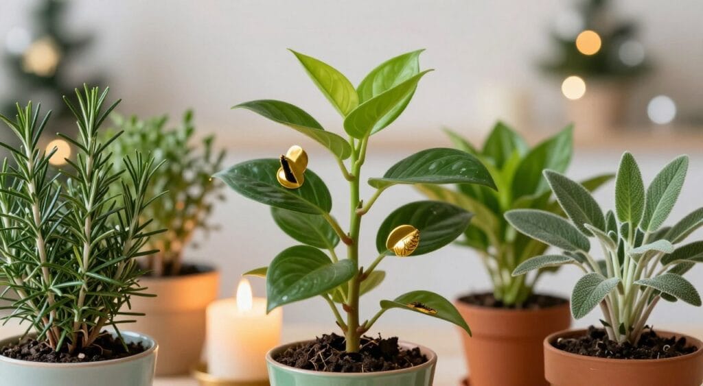 A captivating arrangement of various plants traditionally used for New Year's celebrations, centered in the foreground. Include vibrant green leaves of a money plant intertwined with gold-accented decorations, symbolizing prosperity. Surround the money plant with aromatic herbs like rosemary and sage in colorful pots, emphasizing their significance in rituals. In the middle ground, display a softly glowing candle illuminating the scene, casting warm light and gentle shadows. The background should feature a blurred, festive setting, with twinkling fairy lights and subtle hints of New Year's decorations. Capture the image with a shallow depth of field to focus on the plants while maintaining a soft, inviting atmosphere. Use natural lighting to enhance the freshness of the plants, evoking a sense of renewal and hope for the new year.