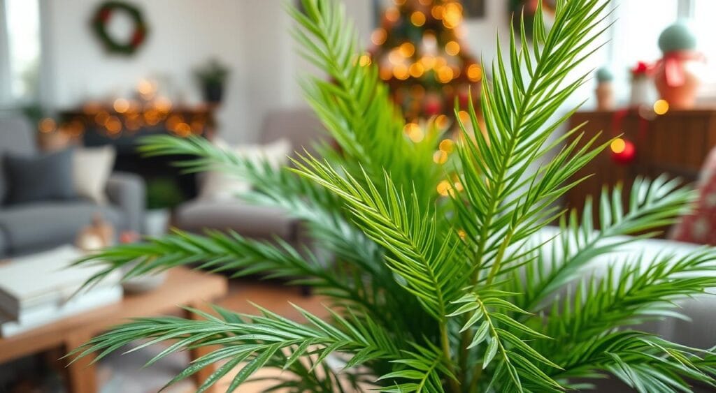 A close-up view of a vibrant, healthy "tuia holandesa," showcasing its lush, emerald-green foliage in a well-lit indoor setting. In the foreground, highlight the intricate texture of the needle-like leaves, glistening with morning dew, capturing the fine details of the plant's structure. In the middle ground, position the plant in a stylish, rustic wooden pot to enhance its decorative appeal. The background should be softly blurred, featuring a cozy living room decorated for Christmas, with warm lights and ornaments subtly out of focus, creating a festive atmosphere. Use soft, natural lighting to evoke a tranquil mood, and ensure the angle captures the plant's height and full form, emphasizing its significance in holiday decor without any distractions. A close-up view of a vibrant, healthy "tuia holandesa," showcasing its lush, emerald-green foliage in a well-lit indoor setting. In the foreground, highlight the intricate texture of the needle-like leaves, glistening with morning dew, capturing the fine details of the plant's structure. In the middle ground, position the plant in a stylish, rustic wooden pot to enhance its decorative appeal. The background should be softly blurred, featuring a cozy living room decorated for Christmas, with warm lights and ornaments subtly out of focus, creating a festive atmosphere. Use soft, natural lighting to evoke a tranquil mood, and ensure the angle captures the plant's height and full form, emphasizing its significance in holiday decor without any distractions.