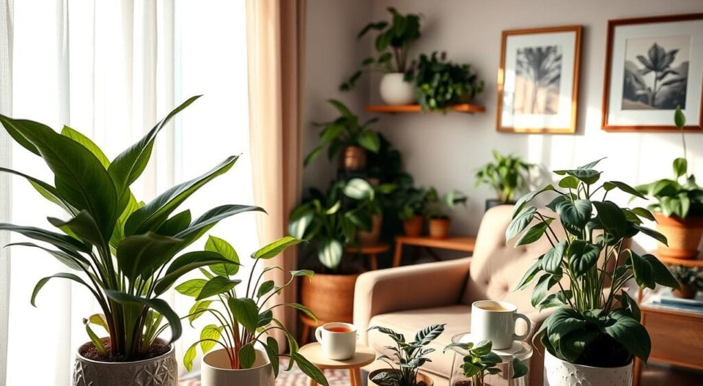 A cozy, indoor space illuminated by soft, diffused natural light filtering through sheer curtains. In the foreground, several lush, low-light houseplants like snake plants, pothos, and ZZ plants in stylish ceramic pots, adding a touch of greenery. The middle ground features a comfortable reading nook with a plush armchair and a small wooden side table, adorned with a steaming cup of herbal tea. In the background, a shelf filled with various indoor plants and a calming artwork on the wall. The atmosphere is serene and inviting, conveying a sense of rejuvenation and tranquility. The image captures the intimate relationship between the plants and the comforting home interior, creating a fresh start for the new year.