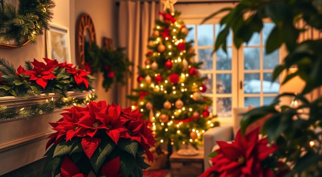 Uma sala de estar aconchegante, decorada para o Natal, com plantas em tons de vermelho intenso e verde vibrante. Em primeiro plano, uma lareira lindamente decorada com poinsétias e azevinho cria uma atmosfera festiva e alegre. Ao centro, uma árvore de Natal exuberante, rodeada por folhagens natalinas, exibe enfeites que brilham sob luzes suaves e quentes. Ao fundo, uma janela delicadamente iluminada revela flocos de neve contra o céu noturno, intensificando o clima invernal. A cena é iluminada por tons dourados, evocando sentimentos de alegria e união. O ângulo da câmera captura a riqueza das cores e texturas, convidando o espectador a entrar em um espaço festivo e acolhedor, perfeito para incorporar plantas da estação na decoração da casa. Uma sala de estar aconchegante, decorada para o Natal, com plantas em tons de vermelho intenso e verde vibrante. Em primeiro plano, uma lareira lindamente decorada com poinsétias e azevinho cria uma atmosfera festiva e alegre. Ao centro, uma árvore de Natal exuberante, rodeada por folhagens natalinas, exibe enfeites que brilham sob luzes suaves e quentes. Ao fundo, uma janela delicadamente iluminada revela flocos de neve contra o céu noturno, intensificando o clima invernal. A cena é iluminada por tons dourados, evocando sentimentos de alegria e união. O ângulo da câmera captura a riqueza das cores e texturas, convidando o espectador a entrar em um espaço festivo e acolhedor, perfeito para incorporar plantas da estação na decoração da casa.