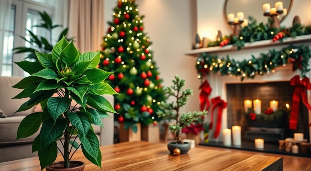 A cozy living room beautifully decorated for Christmas, showcasing a blend of vibrant holiday plants. In the foreground, a rich green poinsettia sits elegantly on a wooden coffee table beside a small evergreen bonsai. In the middle, a festive arrangement of red and green ornaments accents a tall, lush Christmas tree adorned with warm white lights and natural elements like pinecones. The background features soft, glowing candles on a mantle decorated with ivy and holly, creating a warm ambiance. Use soft, diffused lighting to evoke a magical holiday atmosphere. Capture the scene from a slightly elevated angle, emphasizing the lush greenery and festive decor, inviting a sense of warmth and cheer. A cozy living room beautifully decorated for Christmas, showcasing a blend of vibrant holiday plants. In the foreground, a rich green poinsettia sits elegantly on a wooden coffee table beside a small evergreen bonsai. In the middle, a festive arrangement of red and green ornaments accents a tall, lush Christmas tree adorned with warm white lights and natural elements like pinecones. The background features soft, glowing candles on a mantle decorated with ivy and holly, creating a warm ambiance. Use soft, diffused lighting to evoke a magical holiday atmosphere. Capture the scene from a slightly elevated angle, emphasizing the lush greenery and festive decor, inviting a sense of warmth and cheer.