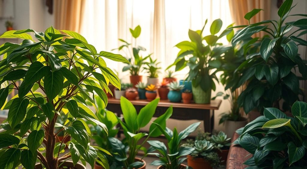 A lush indoor scene showcasing an array of vibrant plants symbolizing abundance for the New Year 2026. In the foreground, a large Money Tree (Pachira aquatica) with lush green leaves, surrounded by smaller potted plants like pothos and peace lilies, all glistening with morning dew. The middle ground features a decorative wooden table adorned with a colorful array of succulent plants, each pot uniquely designed, emphasizing growth and vitality. The background reveals a sun-drenched window with cascading light filtering through sheer curtains, illuminating the plants and enhancing the overall warmth of the setting. The atmosphere is serene yet invigorating, evoking feelings of hope and new beginnings. Capture this scene with soft, natural lighting and a shallow depth of field to create a focused, inviting composition.