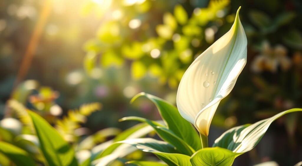 Uma cena pacífica com um vibrante Lírio da Paz como ponto focal central, simbolizando renovação e novos começos. O primeiro plano exibe as folhas verdejantes e brilhantes e as elegantes flores brancas do lírio, reluzindo com o orvalho da manhã. No plano intermediário, uma luz suave filtra-se através de uma delicada copa de folhas, criando uma atmosfera serena. O fundo retrata um jardim desfocado com toques de tons pastel suaves, talvez incluindo samambaias verde-claras e flores fora de foco, evocando uma sensação de tranquilidade e esperança. A iluminação é quente e convidativa, com uma profundidade de campo reduzida para enfatizar a beleza do Lírio da Paz. O clima é inspirador, refletindo a essência de novos começos e transições pacíficas, perfeito para ilustrar o tema de novos ciclos.