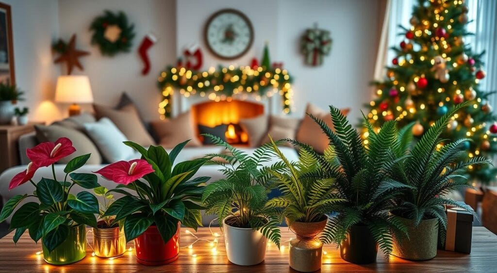 Uma cena natalina serena com uma variedade de plantas em vasos de um verde vibrante, como presentes vivos. Em primeiro plano, uma mesa lindamente arrumada exibe diversas plantas tropicais, como antúrios vibrantes e samambaias delicadas, adornadas com luzes de fada suaves e cintilantes. O plano intermediário revela uma sala de estar aconchegante, decorada para as festas de fim de ano, com almofadas macias e uma lareira com um brilho suave, criando uma atmosfera acolhedora e convidativa. Ao fundo, uma árvore de Natal decorada reluz com enfeites, projetando reflexos coloridos. A iluminação é suave e quente, evocando uma tranquila noite de inverno, criando um clima alegre e festivo. Fotografe esta cena com um ângulo ligeiramente elevado para abranger todas as camadas, enfatizando o verde exuberante das plantas no centro da celebração.