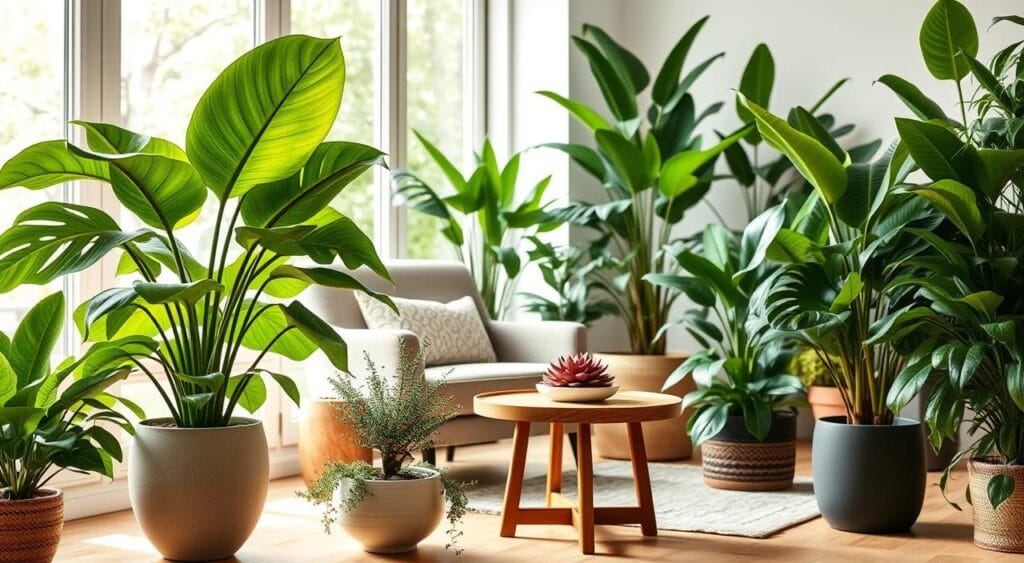 A serene indoor scene featuring a variety of vibrant plants that rejuvenate the home for the new year. In the foreground, place a lush, green monstera and a blooming peace lily in elegant ceramic pots. In the middle, arrange a cozy seating area with a stylish armchair and a small wooden table adorned with a mini succulent garden. The background should show soft, natural light streaming through large windows, illuminating the room filled with fresh greenery. The color palette should evoke a sense of renewal, with rich greens contrasted against warm, neutral tones of the furnishings. The mood is tranquil and inviting, capturing the essence of bringing nature indoors to refresh and transform the living space.