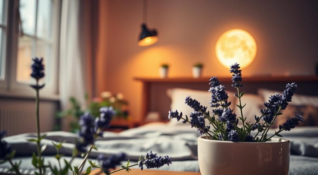 Uma cena serena em um ambiente interno, com plantas calmantes conhecidas por promover um sono melhor, como lavanda, camomila e valeriana. Em primeiro plano, um delicado vaso de cerâmica com flores de lavanda, com a luz suave refletindo em sua superfície. Em segundo plano, uma elegante prateleira de madeira exibe pequenos vasos de camomila e valeriana, com a luz do sol filtrando-se suavemente por uma janela próxima, criando uma atmosfera relaxante. Ao fundo, a luz suave do luar ilumina um quarto tranquilo, intensificando a sensação de paz. O clima geral é acolhedor e convidativo, evocando sentimentos de relaxamento e tranquilidade, perfeito para transmitir uma sensação de conforto após uma celebração festiva. A iluminação é suave e difusa, capturando a essência da calma noturna.