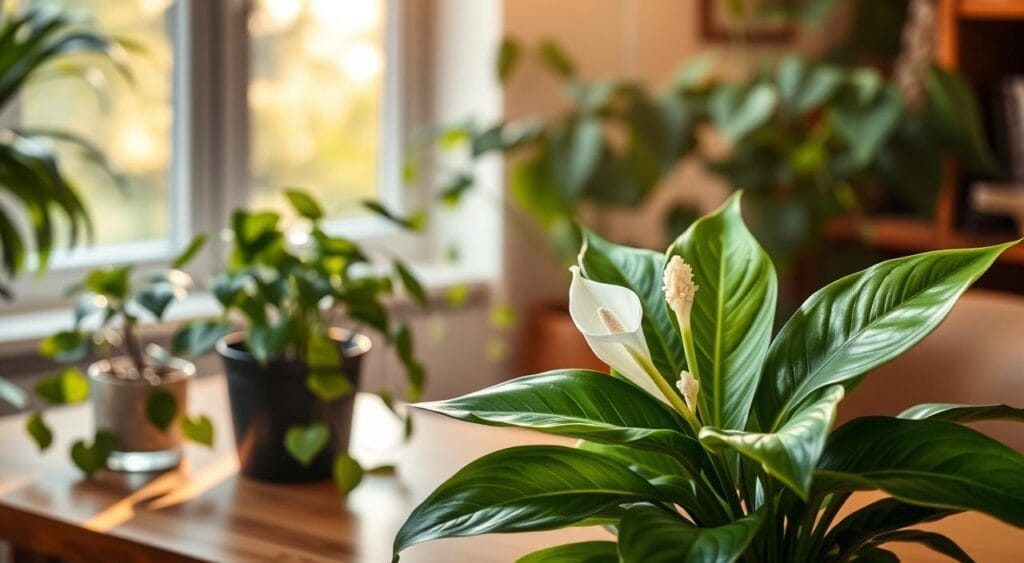 A serene indoor scene showcasing a variety of plants known for enhancing emotional balance, arranged elegantly on a wooden table. In the foreground, a lush, vibrant peace lily with shiny green leaves and delicate white flowers takes center stage. To the left, a small jade plant adds a touch of tranquility with its rounded, thick leaves. In the middle ground, a cascading pothos plant trails down the side of the table, its heart-shaped leaves creating a soothing ambiance. The background features a soft-focus window with natural sunlight streaming in, casting warm, golden light across the scene. The overall mood is peaceful and inviting, emphasizing the theme of renewal and emotional equilibrium as we step into the new year.