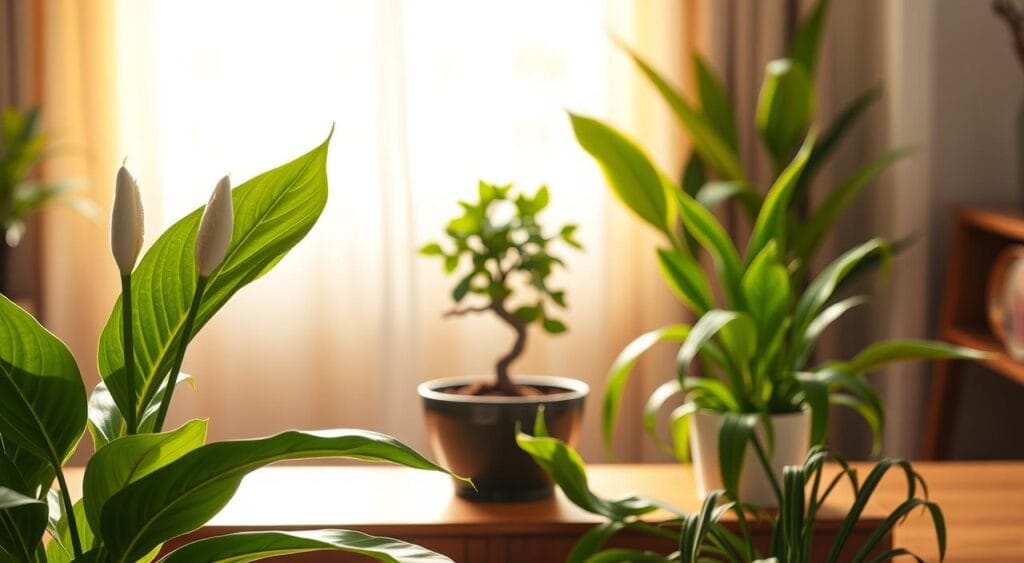 Um ambiente interno sereno, com uma variedade de plantas que simbolizam novos começos e paz. Em primeiro plano, um lírio-da-paz vibrante, com folhas verde-brilhantes e delicadas flores brancas, ao lado de uma exuberante planta-cobra com folhas eretas. Ao centro, uma mesa de madeira adornada com um pequeno bonsai em vaso, simbolizando paciência e resiliência. O fundo suavemente desfocado revela uma janela ensolarada com cortinas translúcidas que deixam entrar a luz dourada e quente do sol, criando uma atmosfera pacífica e convidativa. A iluminação é suave e natural, realçando o verde exuberante das plantas. A composição deve evocar uma sensação de tranquilidade e renovação, perfeita para ilustrar temas de renascimento e calma na natureza.