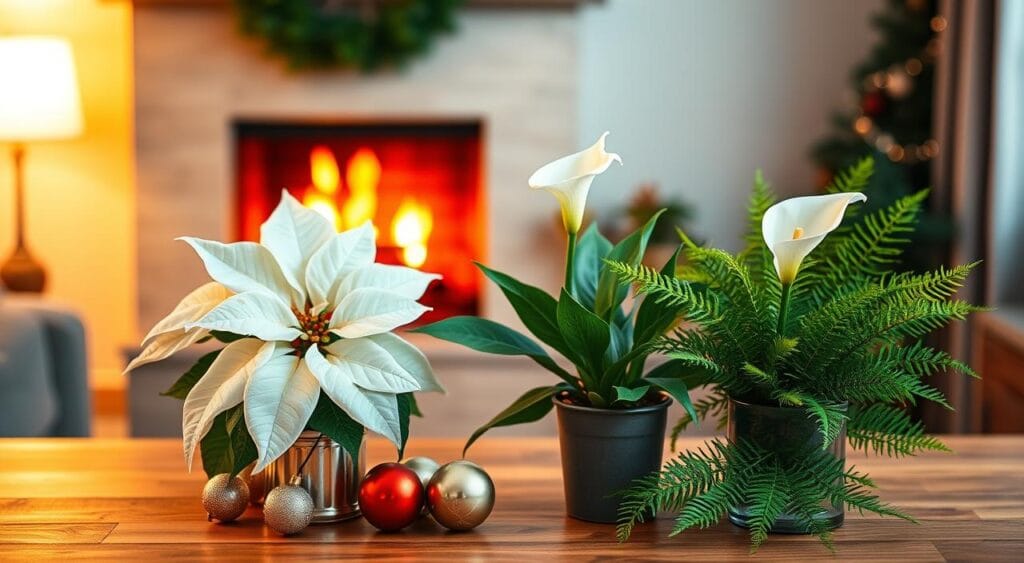 Um ambiente interno sereno com três plantas natalinas que simbolizam a paz: uma poinsétia branca com pétalas delicadas suavemente iluminadas por uma luz quente e convidativa; um lírio-da-paz exuberante com suas elegantes flores brancas, graciosamente posicionado ao lado; e uma samambaia verde vibrante que adiciona um toque de vida e frescor à composição. Em primeiro plano, as plantas são dispostas em um arranjo harmonioso, com enfeites natalinos decorativos sutilmente dispostos ao redor. Ao centro, uma mesa de madeira aconchegante realça as cores naturais das plantas. Ao fundo, uma lareira com uma chama suave e crepitante cria uma atmosfera acolhedora, transmitindo tranquilidade e calor. O clima é pacífico e festivo, evocando sentimentos de esperança e amor, perfeitos para a época natalina.