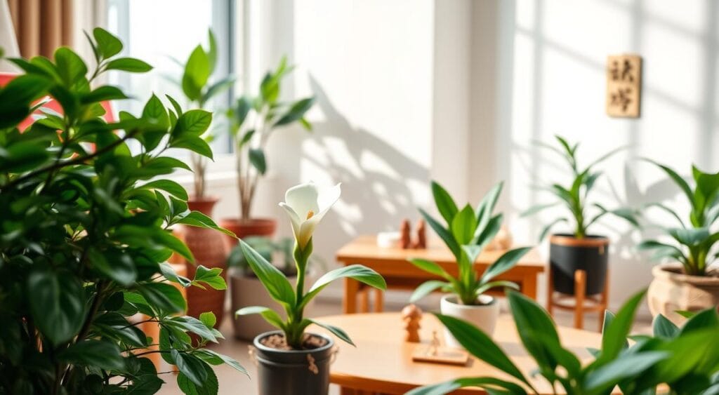 A serene indoor setting filled with vibrant plants that symbolize good energy and prosperity. In the foreground, a jade plant with lush green leaves and a small pot of lucky bamboo, both exuding vitality. In the middle ground, an inviting peace lily with its striking white blooms surrounded by a warm wooden table adorned with traditional symbols of luck, like coins and small figurines. The background features soft, diffused light filtering through a window, casting gentle shadows on the walls, enhancing the calm and positive atmosphere. The scene suggests renewal and hope for the New Year, with an overall mood that feels uplifting and harmonious. The use of a wide-angle lens captures the fullness of the space, inviting the viewer into this peaceful setting.