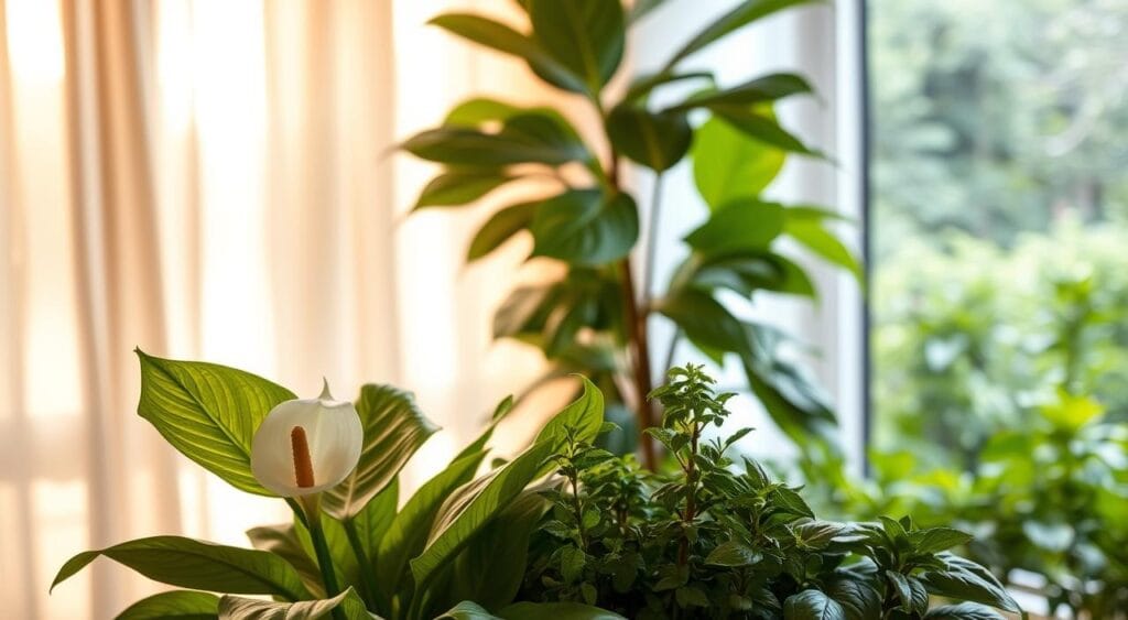 Um ambiente interno sereno, exibindo uma bela composição de diversas plantas conhecidas por promover harmonia e energia positiva. Em primeiro plano, um lírio-da-paz vibrante, com folhas brilhantes, rodeado por ervas menores como manjericão e hortelã, exalando frescor. No plano intermediário, uma alta figueira-lira, com suas amplas folhas captando a luz dourada e quente que filtra através de cortinas translúcidas, cria uma atmosfera aconchegante. Ao fundo, uma janela suavemente desfocada revela um exuberante jardim verdejante, reforçando a sensação de serenidade. O clima geral é tranquilo e revigorante, convidando os observadores a imaginar um espaço equilibrado e harmonioso, repleto de vida e vitalidade. A iluminação é suave e quente, evocando sentimentos de conforto e positividade.