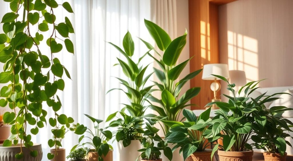 A serene indoor space filled with various houseplants, symbolizing harmony and balance. In the foreground, lush green pothos and fiddle leaf figs cascade from elegant ceramic pots. The middle section features a tall snake plant and a vibrant peace lily, their leaves contrasting beautifully. In the background, soft sunlight filters through sheer curtains, casting gentle shadows that create a tranquil atmosphere. The room is cozy, with warm wooden accents and soft earth-toned decor. The image should evoke a sense of renewal and positive energy, capturing the essence of a fresh start in a peaceful home environment. Use soft, diffused lighting to enhance the calming mood, shot from a slightly elevated angle to showcase the plants' vibrant colors.