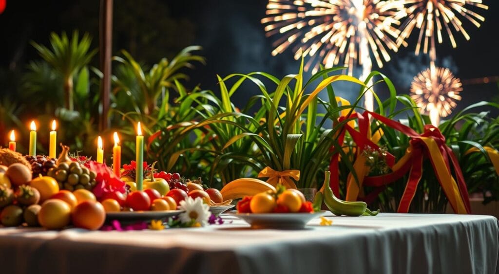A vibrant and colorful scene depicting the meaning of colors in Brazilian New Year's celebrations. In the foreground, an array of traditional New Year’s offerings, such as fruits and flowers, arranged on a white tablecloth. Brightly colored candles flicker, casting warm light. In the middle ground, lush green plants symbolizing abundance, intertwined with colorful silk ribbons and garments in yellow, green, and red, reflecting prosperity and happiness. In the background, a night sky illuminated with fireworks, enhancing the festive atmosphere. The composition is balanced, with a soft focus that accentuates the foreground details. This image should convey a celebratory mood, rich in cultural significance and connection to nature. A warm glow envelops the entire scene, evoking feelings of hope and renewal.