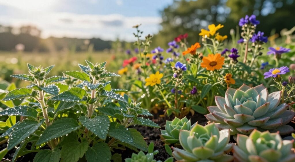 A vibrant close-up view of various sustainable plant species that significantly benefit the planet. In the foreground, lush green leaves of native medicinal herbs with dew drops glistening in the morning light. In the middle, clusters of colorful flowering plants, such as native wildflowers and drought-resistant succulents, showcasing their resilience and ecological importance. The background features a soft-focus natural landscape with trees and a serene blue sky, adding depth. The lighting is warm and inviting, with rays of sunlight filtering through the foliage. The atmosphere is peaceful and harmonious, emphasizing the vital role of these plants in supporting biodiversity and environmental health.