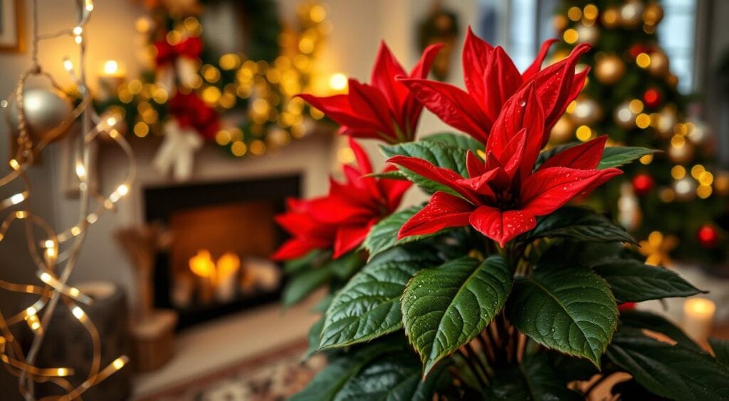 Uma vibrante exibição de uma planta "poinsétia natalina", em destaque no primeiro plano, com grandes brácteas vermelhas brilhantes e folhas verde-escuras, com gotas de orvalho refletindo a luz. O plano intermediário inclui decorações ornamentais suavemente desfocadas, como fitas douradas e prateadas e luzes de Natal cintilantes, que intensificam o espírito festivo. Ao fundo, vê-se uma cena aconchegante e bem iluminada, com uma lareira acesa e uma árvore de Natal adornada com enfeites clássicos. A iluminação é quente e convidativa, criando uma atmosfera alegre. A imagem foi capturada com pouca profundidade de campo, focando na poinsétia, enquanto os elementos do fundo estão suavemente desfocados, transmitindo uma sensação de aconchego e alegria natalina. Uma vibrante exibição de uma planta "poinsétia natalina", em destaque no primeiro plano, com grandes brácteas vermelhas brilhantes e folhas verde-escuras, com gotas de orvalho refletindo a luz. O plano intermediário inclui decorações ornamentais suavemente desfocadas, como fitas douradas e prateadas e luzes de Natal cintilantes, que intensificam o espírito festivo. Ao fundo, vê-se uma cena aconchegante e bem iluminada, com uma lareira acesa e uma árvore de Natal adornada com enfeites clássicos. A iluminação é quente e convidativa, criando uma atmosfera alegre. A imagem foi capturada com pouca profundidade de campo, focando na poinsétia, enquanto os elementos do fundo estão suavemente desfocados, transmitindo uma sensação de aconchego e alegria natalina.