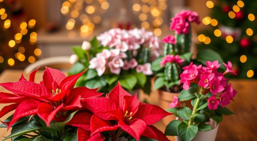 Uma vibrante exibição de plantas natalinas populares, ideais para presentear. Em primeiro plano, uma poinsétia lindamente arranjada com folhas vermelhas brilhantes, rodeada por uma folhagem verde exuberante. No plano intermediário, um arranjo festivo de ciclâmenes com suas delicadas flores rosa e brancas, ao lado de um cacto de Natal encantador adornado com flores rosa vibrantes. Ao fundo, uma mesa de madeira suavemente iluminada, em um ambiente aconchegante e acolhedor, reflete o brilho das luzes de Natal. Uma profundidade de campo reduzida cria um suave efeito bokeh, enfatizando as cores vivas das plantas. A iluminação é quente e convidativa, evocando um espírito natalino alegre. Fotografe esta cena de um ângulo ligeiramente elevado, destacando a profundidade e a riqueza do arranjo. Busque uma atmosfera harmoniosa e alegre, perfeita para a época festiva.