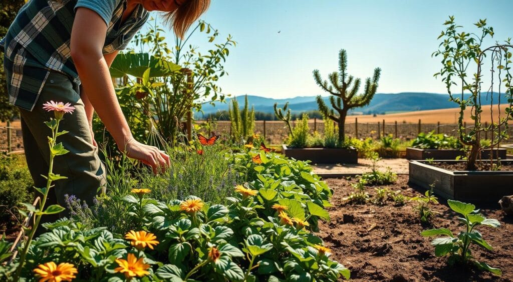 A vibrant ecological planting scene showcasing a diverse array of plants, including native flowers, leafy greens, and small trees, effectively capturing the essence of sustainable gardening. In the foreground, a person dressed in modest casual clothing tends to a thriving plant bed, using an organic approach to cultivation. In the middle ground, a sun-drenched garden with raised beds and a small compost area, surrounded by butterflies and bees, illustrating a harmonious ecosystem. The background features a serene landscape with distant hills and a clear blue sky. Use warm, natural lighting to evoke a sense of tranquility and positivity. The atmosphere feels nurturing and sustainable, emphasizing the personal and environmental benefits of responsible planting.