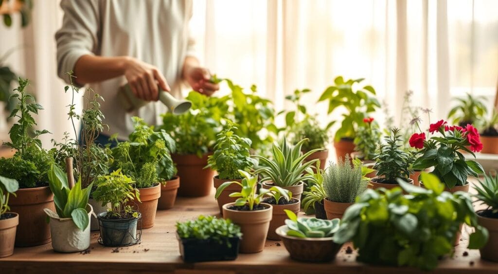 A vibrant indoor garden scene showcasing natural methods of plant cultivation, emphasizing simplicity and sustainability. The foreground features a wooden table adorned with pots of diverse, healthy plants, including herbs, succulents, and flowers, with organic soil visible. In the middle, a pair of hands gently tending to the plants, wearing modest casual clothing, using natural materials like a handmade watering can and a wooden trowel. The background displays a sunlit window with sheer curtains allowing soft, warm light to filter in, illuminating the greenery and creating a cozy atmosphere. The overall mood exudes tranquility and a connection to nature, inviting the viewer to explore practical, natural techniques for sustainable gardening. The image is captured with a shallow depth of field, keeping focus on the plants and the gardener's hands.