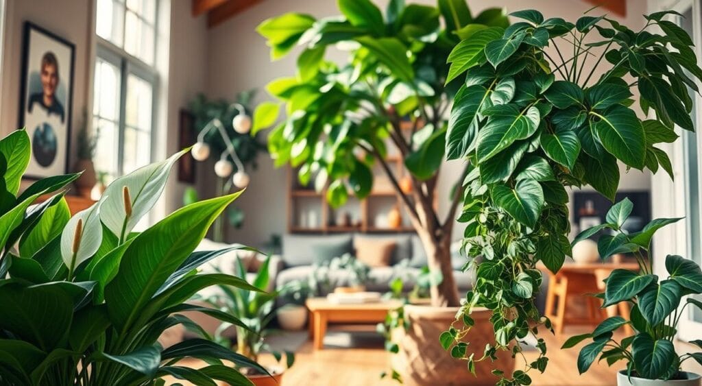 A vibrant indoor scene showcasing energizing plants for the home, centered around an array of lush greenery. In the foreground, a cheerful peace lily with white flowers sits beside a bright green pothos trailing elegantly over the edge of a modern ceramic pot. In the middle, a large fiddle leaf fig tree reaches toward the ceiling, its broad leaves bursting with life. The background features a softly lit cozy living room with natural light pouring in through large windows, highlighting wooden furniture and a serene indoor atmosphere. The mood is refreshing and revitalizing, with warm, inviting colors and gentle sunlight that casts soft shadows. Use a wide angle to capture the depth of the room, focusing on the harmonious blend of nature and home.