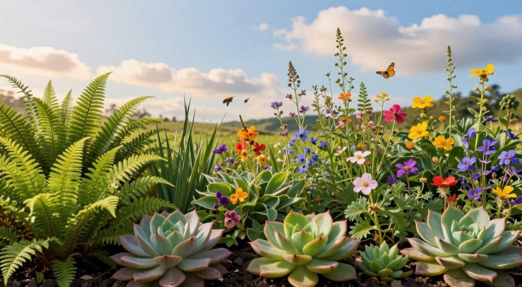 Vibrant scene showcasing a variety of eco-friendly plants, such as ferns, succulents, and native wildflowers, set in a lush green environment. In the foreground, several of these plants thrive in natural sunlight, showcasing their rich colors and textures. The middle ground features a cascading arrangement of flowering plants, attracting bees and butterflies, symbolizing biodiversity. In the background, a serene landscape with a soft blue sky and gentle clouds conveys a sense of calm and tranquility. The atmosphere is optimistic, emphasizing a harmonious relationship between these plants and the environment. The lighting is warm and inviting, with a focus on natural beauty, captured in a wide-angle view to create depth and connection to nature.
