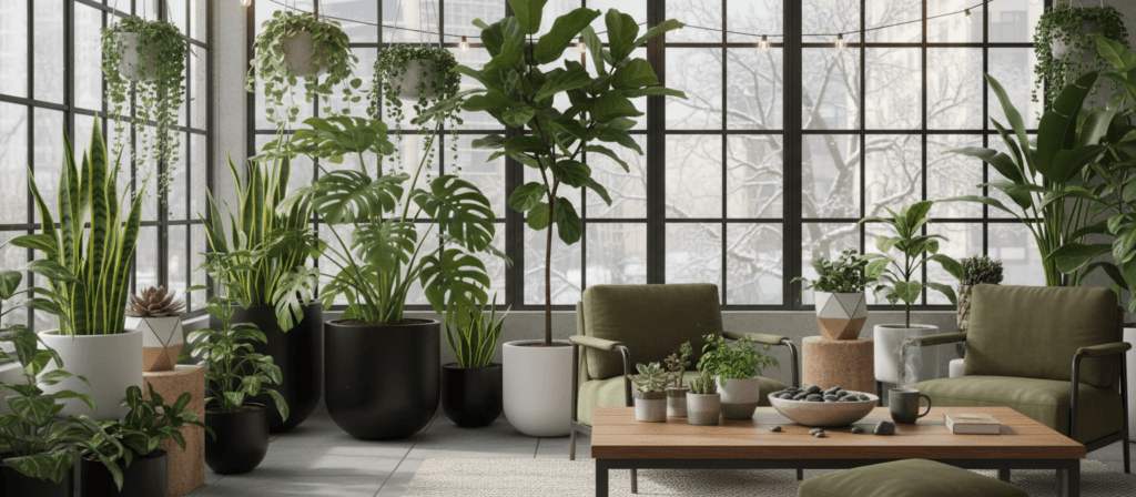 A cozy urban winter garden filled with lush green plants, including popular modern houseplants like Monstera and Fiddle Leaf Fig. In the foreground, a wooden table adorned with small potted plants and decorative pebbles creates an inviting atmosphere. The middle ground features a mix of tall and cascading plants spilling from stylish, minimalist planters, bringing life to the space. In the background, large windows allow natural light to flood the room, casting soft shadows and highlighting the vibrant greenery. The setting exudes a warm, tranquil ambiance, perfect for modern urban living. Soft, diffused sunlight enhances the serene mood in this contemporary indoor garden space.
