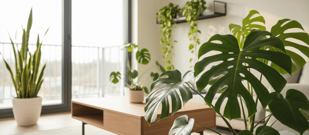 A modern living room filled with an array of stylish indoor plants, showcasing the latest design trends of 2026. In the foreground, a large, lush Monstera plant with dramatic leaves sits elegantly beside a minimalist wooden coffee table. The middle ground features a gracefully cascading Pothos plant hanging from a sleek shelf, while a tall Snake plant punctuates the corner, adding height and sophistication. The background displays a panoramic window bathed in warm, natural light, enhancing the vibrant greens of the foliage. The atmosphere should feel fresh and inviting, perfect for a contemporary home. Use a soft-focus effect to emphasize the plants, while maintaining crisp details on their textures and colors. Capture this scene from a slightly elevated angle to create depth and perspective.