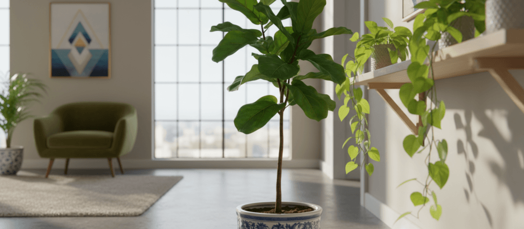 An elegant interior space showcasing a harmonious arrangement of Ficus and Philodendron plants. In the foreground, a lush Ficus tree with glossy, vibrant green leaves stands in an ornate ceramic pot, adding height and sophistication. Next to it, a cascading Philodendron with heart-shaped leaves spills over the edge of a minimalist wooden shelf. The middle ground features soft, natural lighting filtering through a large window, casting gentle shadows and highlighting the rich textures of the leaves. In the background, subtle hints of modern decor, such as a stylish armchair and geometric wall art, contribute to a serene and inviting atmosphere. Capture this scene with a slightly wide-angle lens to emphasize the plants while maintaining a cozy, intimate feel in the overall composition.
