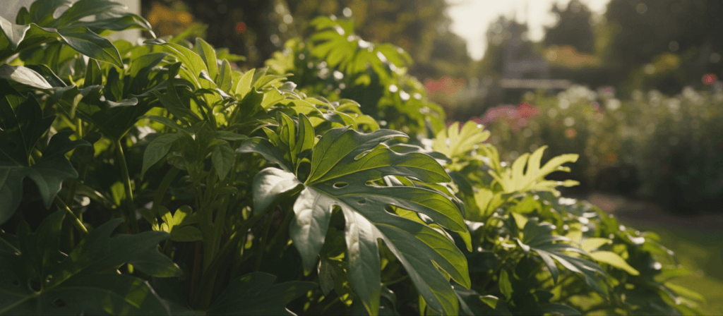 Lush green leaves in various shapes and sizes, showcasing vivid shades of emerald and jade, are the focal point of the image. In the foreground, a cluster of large, glossy leaves with intricate veins is beautifully detailed, capturing the sunlight that filters through, creating highlights and shadows. In the middle ground, a variety of smaller leaves adds depth, some gently swaying as if caressed by a light breeze. The background features a soft-focus garden scene with hints of blurred floral colors and natural elements, enhancing the overall serenity. The lighting is warm and inviting, suggesting afternoon sunlight, with a soft bokeh effect. The atmosphere conveys freshness and tranquility, embodying the transformative energy these leaves represent in modern homes.