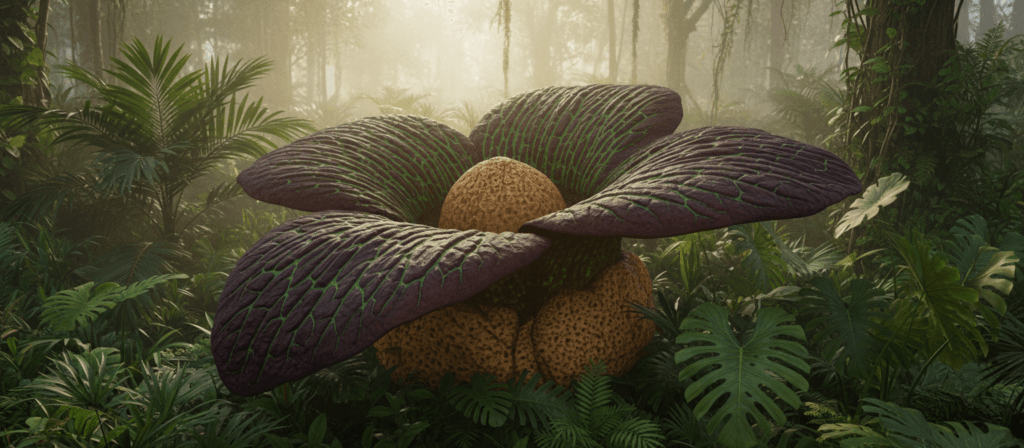 A massive "flor gigante" stands majestically in the foreground, showcasing its strikingly deep burgundy petals with textured details resembling a leathery surface, interspersed with hints of vibrant green veining. Encompassing the bloom, you can see the unique, fleshy structure that gives the flower its exotic appeal. In the middle ground, lush foliage surrounds the flower, featuring tropical leaves in varying shades of green, enhancing the visual contrast. The background fades into gentle shadows of a dense, misty rainforest, creating an immersive atmosphere. Natural soft lighting filters through the canopy above, casting a warm glow on the flower, emphasizing its unusual beauty. The perspective is slightly upward, offering an awe-inspiring angle that highlights the flower's grandeur and the mysterious allure of this fascinating plant. A massive "flor gigante" stands majestically in the foreground, showcasing its strikingly deep burgundy petals with textured details resembling a leathery surface, interspersed with hints of vibrant green veining. Encompassing the bloom, you can see the unique, fleshy structure that gives the flower its exotic appeal. In the middle ground, lush foliage surrounds the flower, featuring tropical leaves in varying shades of green, enhancing the visual contrast. The background fades into gentle shadows of a dense, misty rainforest, creating an immersive atmosphere. Natural soft lighting filters through the canopy above, casting a warm glow on the flower, emphasizing its unusual beauty. The perspective is slightly upward, offering an awe-inspiring angle that highlights the flower's grandeur and the mysterious allure of this fascinating plant.