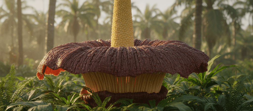A stunning close-up of a "flor cadáver" (corpse flower), showcasing its large, unique, petal-like structure resembling an open flower with deep burgundy hues and a textured surface. In the foreground, vivid details of the flower's intricate texture, with drops of dew reflecting light under soft, diffused sunlight create an inviting glow. The middle ground features lush green foliage surrounding the flower, enhancing its dramatic presence. In the background, a soft focus of a tropical forest setting with blurred trees and muted colors, contributing to a mysterious and exotic atmosphere. Capture the image from a slightly low angle, emphasizing the grandeur of the flower, with warm lighting that highlights its peculiar beauty and evokes curiosity about this fascinating plant. A stunning close-up of a "flor cadáver" (corpse flower), showcasing its large, unique, petal-like structure resembling an open flower with deep burgundy hues and a textured surface. In the foreground, vivid details of the flower's intricate texture, with drops of dew reflecting light under soft, diffused sunlight create an inviting glow. The middle ground features lush green foliage surrounding the flower, enhancing its dramatic presence. In the background, a soft focus of a tropical forest setting with blurred trees and muted colors, contributing to a mysterious and exotic atmosphere. Capture the image from a slightly low angle, emphasizing the grandeur of the flower, with warm lighting that highlights its peculiar beauty and evokes curiosity about this fascinating plant.