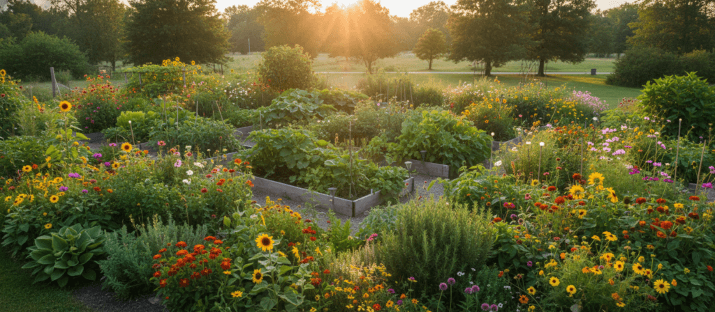 A vibrant chaos garden scene showcasing diverse plants thriving in an organic, unstructured layout. In the foreground, colorful flowers intermingle with lush green foliage, while aromatic herbs peek through in a natural cluster. The middle ground features raised beds overflowing with vegetables and wildflowers, illustrating a rich tapestry of life. The background displays a serene garden with a soft-focus effect, hinting at a warm, golden hour light filtering through trees, casting playful shadows across the landscape. Opt for a slightly elevated angle, capturing the garden's expanse. The mood is inviting and serene, evoking a sense of harmony with nature, ideal for promoting the benefits of sustainable gardening practices. A vibrant chaos garden scene showcasing diverse plants thriving in an organic, unstructured layout. In the foreground, colorful flowers intermingle with lush green foliage, while aromatic herbs peek through in a natural cluster. The middle ground features raised beds overflowing with vegetables and wildflowers, illustrating a rich tapestry of life. The background displays a serene garden with a soft-focus effect, hinting at a warm, golden hour light filtering through trees, casting playful shadows across the landscape. Opt for a slightly elevated angle, capturing the garden's expanse. The mood is inviting and serene, evoking a sense of harmony with nature, ideal for promoting the benefits of sustainable gardening practices.
