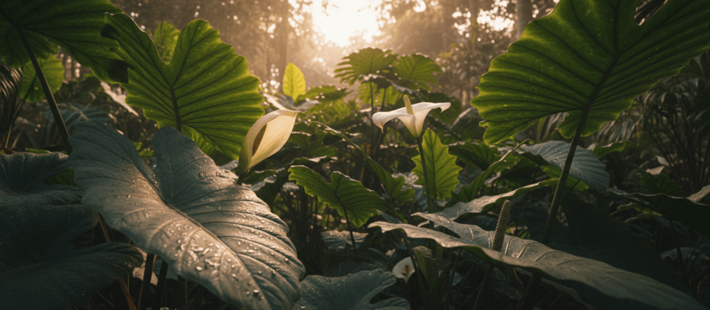 An exquisite arrangement of Araceae family plants, prominently featuring the giant, striking leaves of an Alocasia and the unique spadix of a philodendron flower. The foreground showcases the rich textures of the lush green leaves, with droplets of morning dew glistening under soft, diffused sunlight. In the middle ground, a vibrant Arum lily thrives, its creamy white petals contrasted against deep green foliage. The background is filled with soft-focus tropical plants, creating a lush jungle ambiance. The composition is captured from a low angle, accentuating the grandeur of the leaves and flowers. A warm, inviting atmosphere envelops the scene, conveying a sense of wonder about this fascinating plant family. An exquisite arrangement of Araceae family plants, prominently featuring the giant, striking leaves of an Alocasia and the unique spadix of a philodendron flower. The foreground showcases the rich textures of the lush green leaves, with droplets of morning dew glistening under soft, diffused sunlight. In the middle ground, a vibrant Arum lily thrives, its creamy white petals contrasted against deep green foliage. The background is filled with soft-focus tropical plants, creating a lush jungle ambiance. The composition is captured from a low angle, accentuating the grandeur of the leaves and flowers. A warm, inviting atmosphere envelops the scene, conveying a sense of wonder about this fascinating plant family.